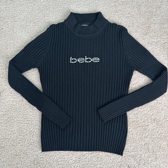 Bebe Y2K Ribbed Knit Sweater Women Size M Black Mock Neck Beaded Logo 90s - Picture 1 of 8